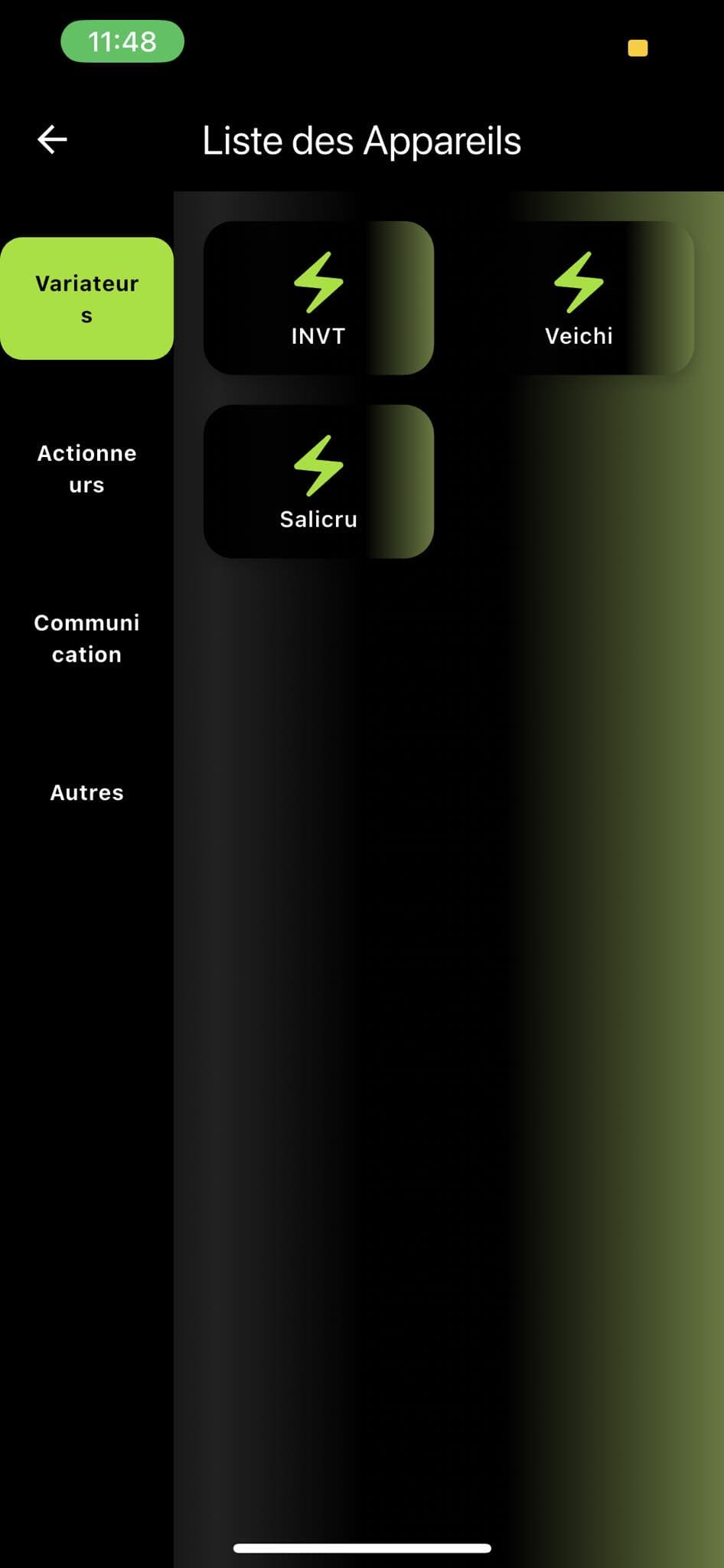Equipment list screen in the SmartGreen app